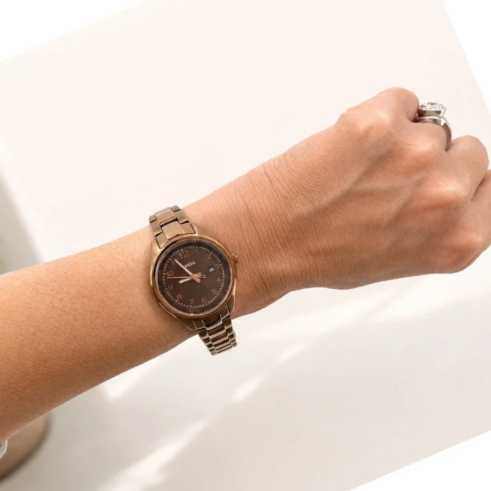 Fossil Flight Mini Womens Watch Bronze Stainless Steel Brown Dial Date AM-4366